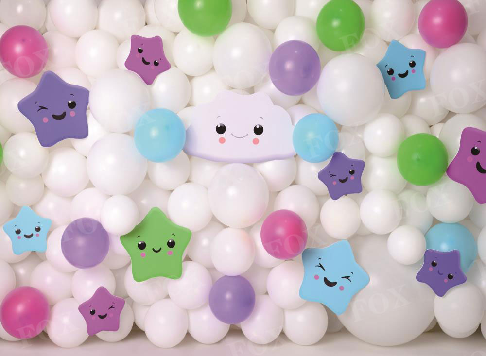 Fox Happy Stars Colorful Balloons Wall Cakesmash Birthday Clouds Vinyl Backdrop Designed by Claudia Uribe