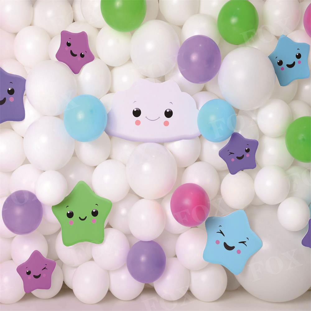 Fox Happy Stars Colorful Balloons Wall Cakesmash Birthday Clouds Vinyl Backdrop Designed by Claudia Uribe