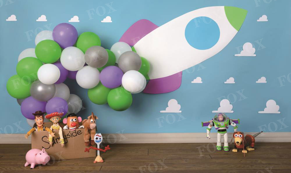Fox Toy Story Light Spaceship Cakesmash Birthday Vinyl Backdrop Designed by Claudia Uribe