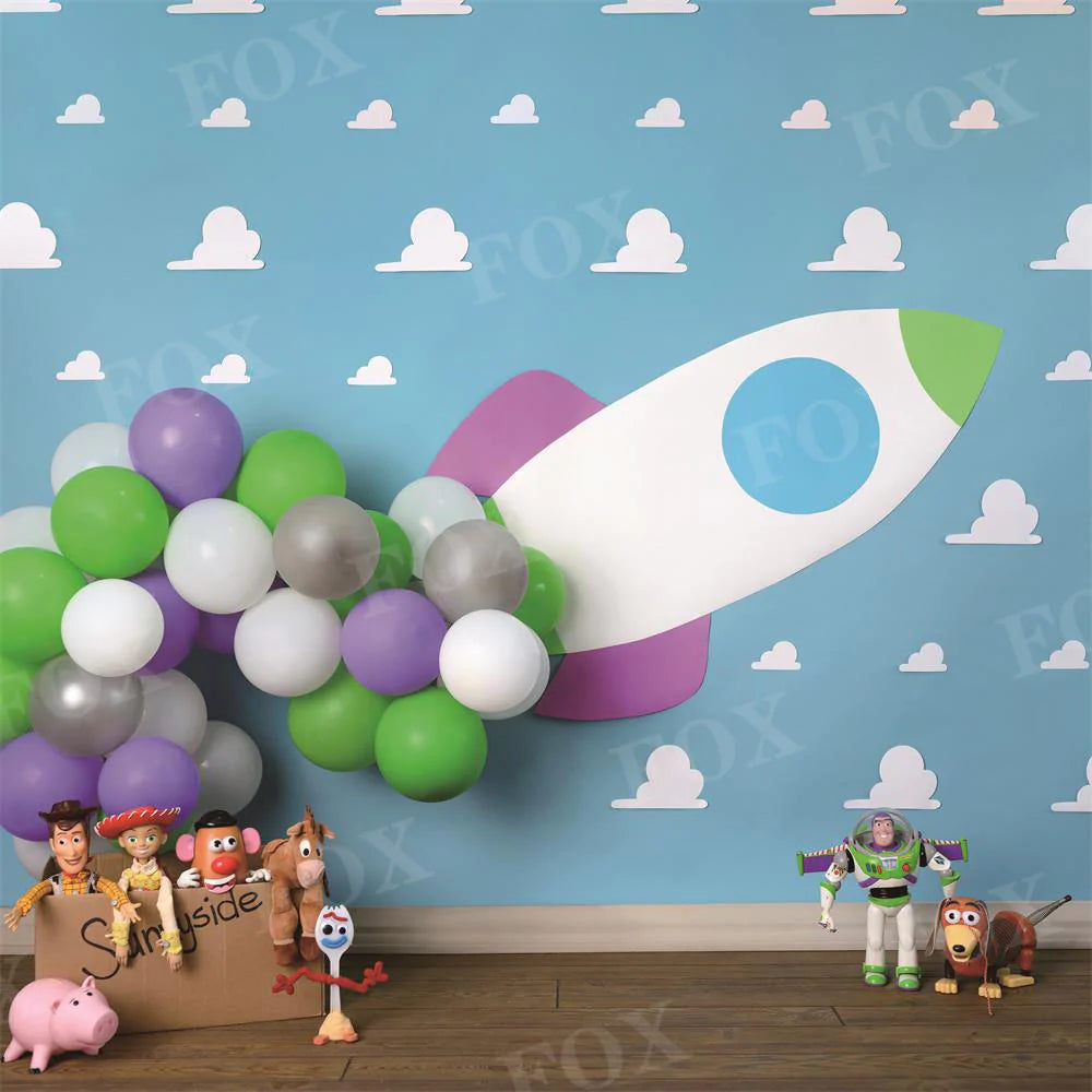 RTS Fox Toy Story Light Spaceship Cakesmash Birthday Vinyl/Fabric Backdrop Designed by Claudia Uribe