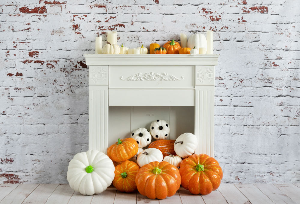 Fox Autumn Pumpkin Fireplace Vinyl Photography Backdrop