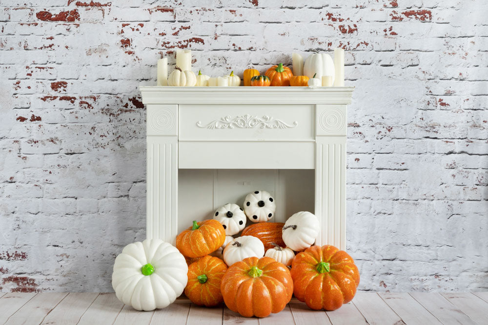 Fox Autumn Pumpkin Fireplace Vinyl Photography Backdrop
