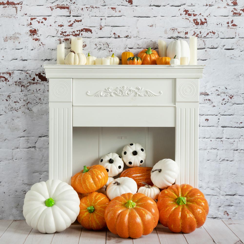 Fox Autumn Pumpkin Fireplace Vinyl Photography Backdrop