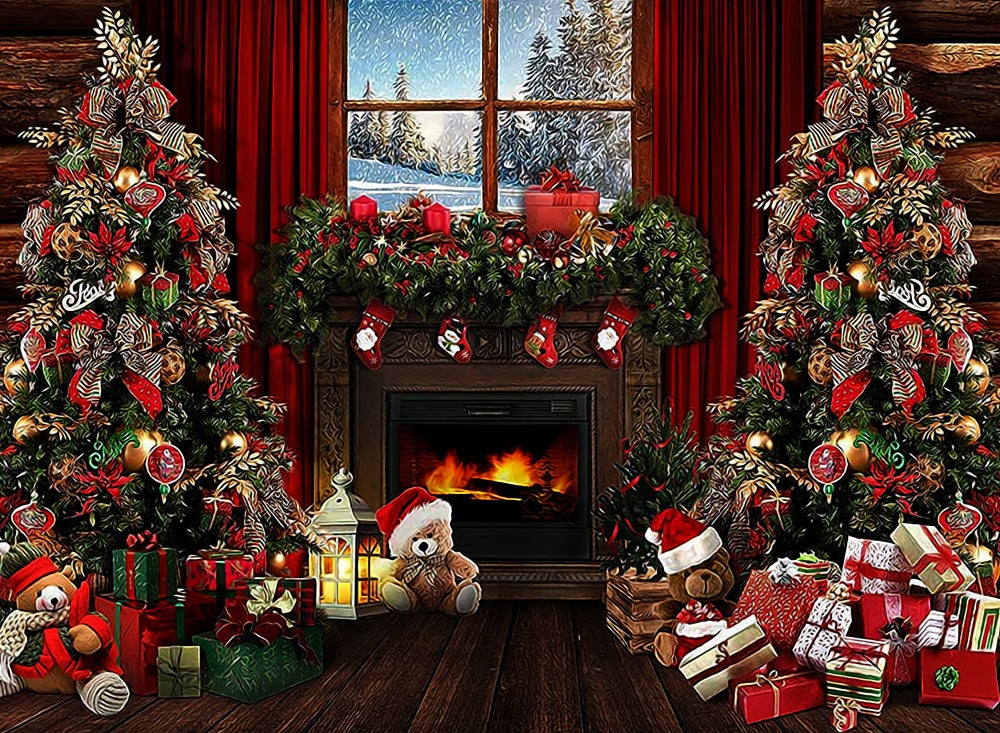 Fox Christmas Fire Place Teddy Bear & Presents Nutcracker Vinyl Backdrop