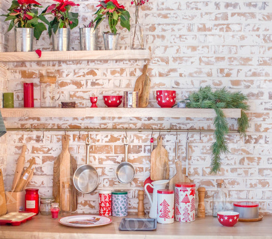 Fox Light Christmas Kitchen with Brick Wall Vinyl Backdrop
