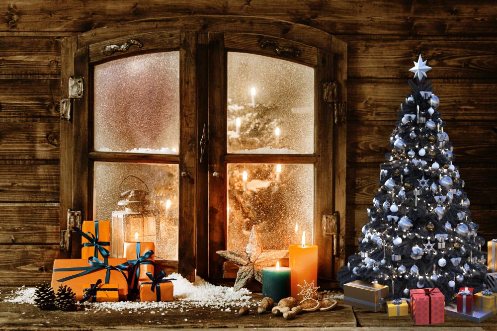 Fox Christmas Log Cabin Winter Window Vinyl Backdrop