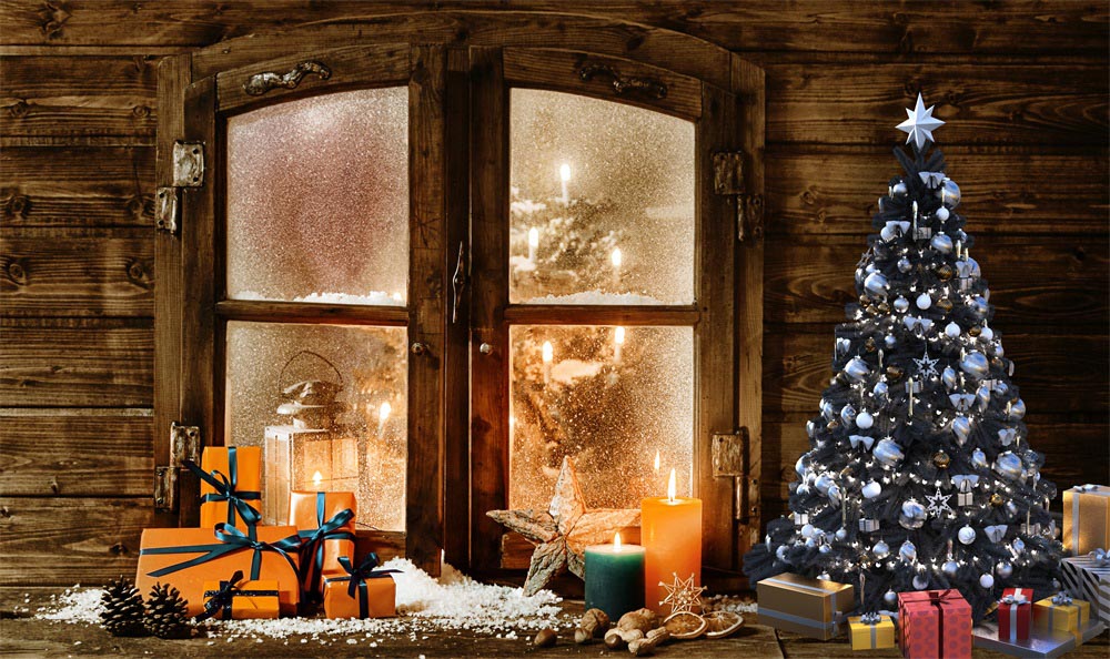 Fox Christmas Log Cabin Winter Window Vinyl Backdrop