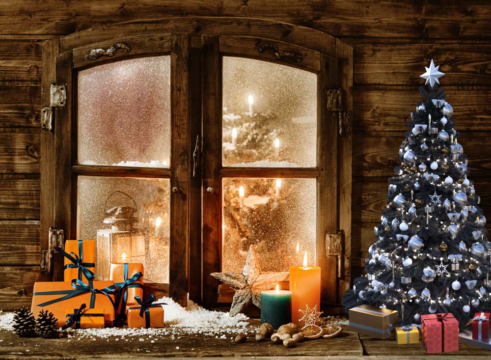 Fox Christmas Log Cabin Winter Window Vinyl Backdrop