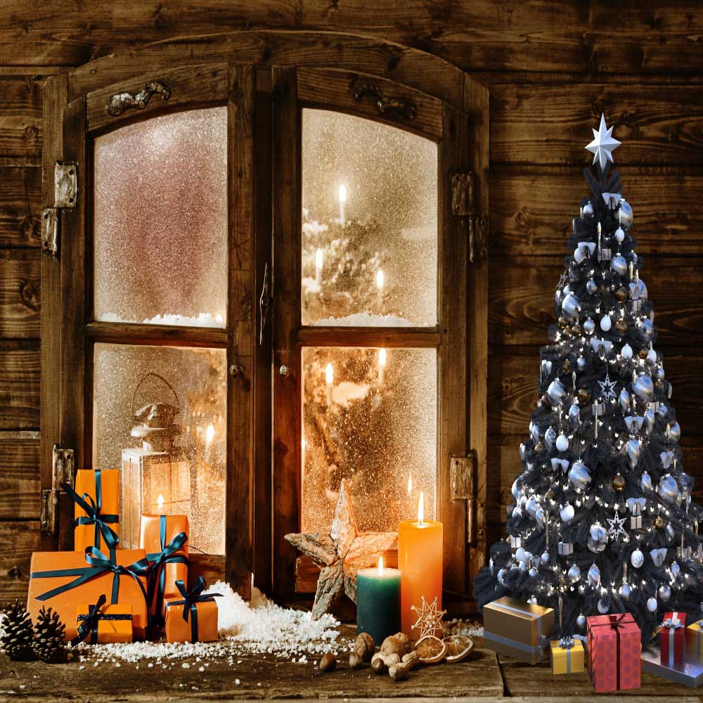 Fox Christmas Log Cabin Winter Window Vinyl Backdrop