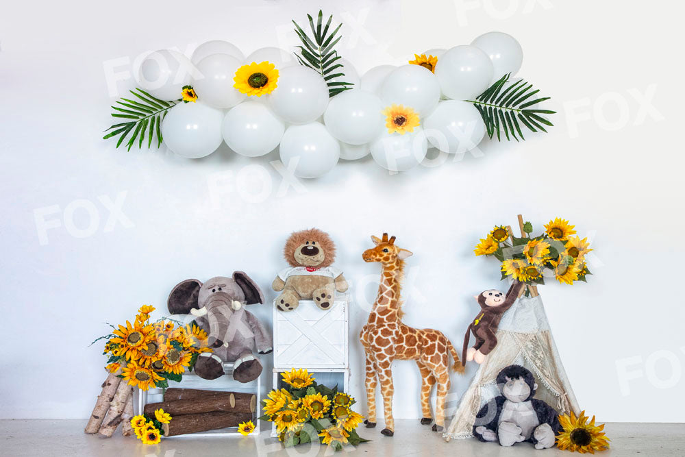 Fox Balloon Sunflower Birthday Fabric/Vinyl Backdrop for Photography