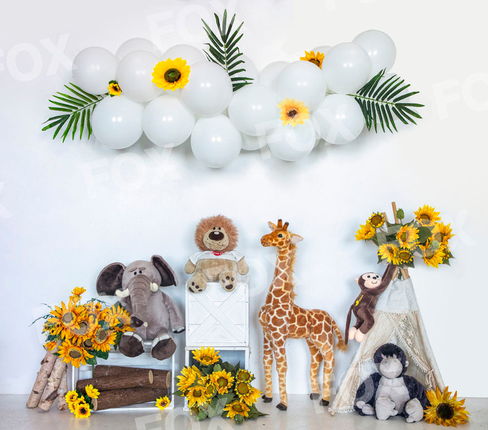 Fox Balloon Sunflower Birthday Fabric/Vinyl Backdrop for Photography
