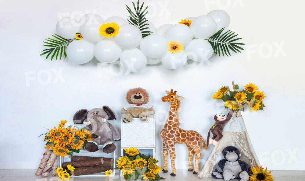 Fox Balloon Sunflower Birthday Fabric/Vinyl Backdrop for Photography