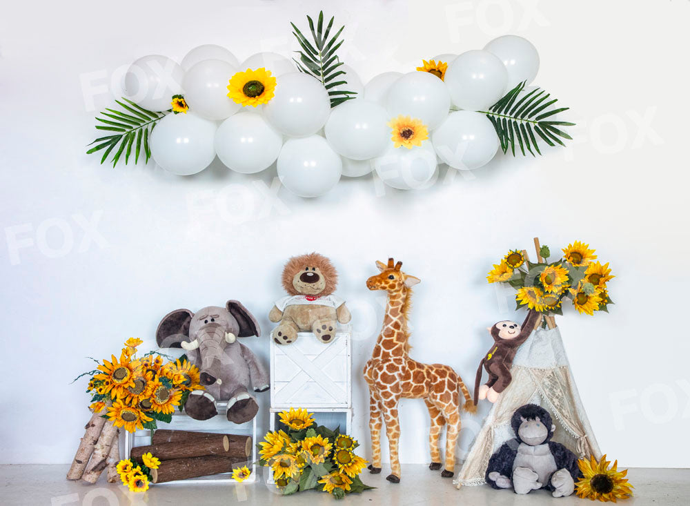 Fox Balloon Sunflower Birthday Fabric/Vinyl Backdrop for Photography