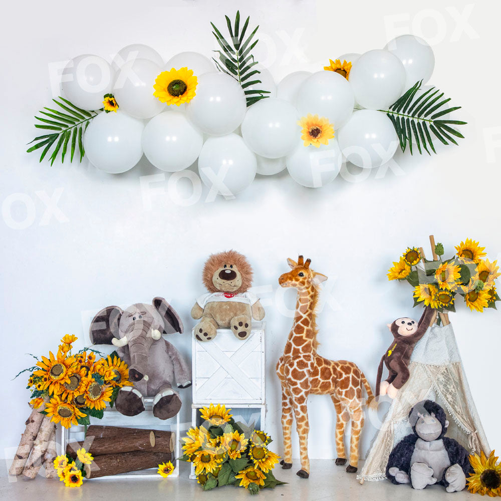 Fox Balloon Sunflower Birthday Fabric/Vinyl Backdrop for Photography