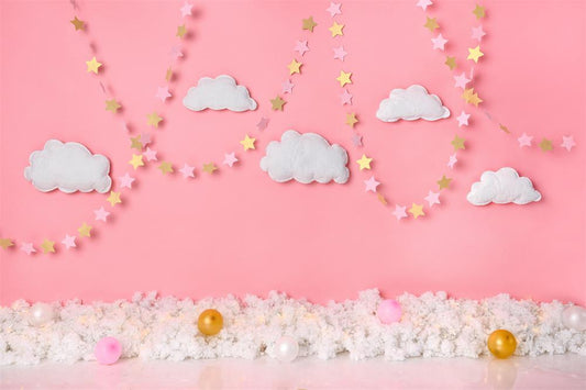 Fox Gold Stars Clouds Sky Pink Girl Birthday Vinyl Backdrop Designed by Claudia Uribe
