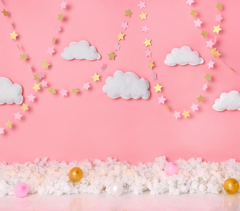Fox Gold Stars Clouds Sky Pink Girl Birthday Vinyl Backdrop Designed by Claudia Uribe