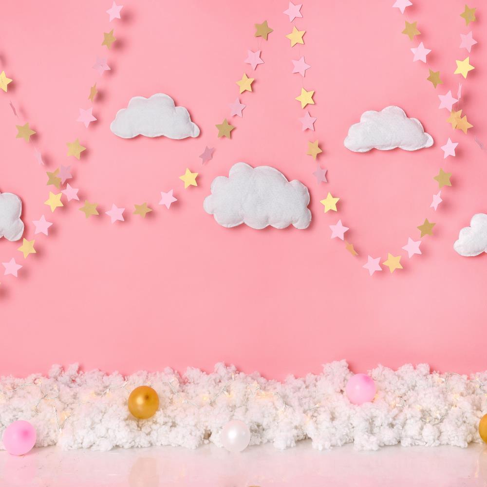 Fox Gold Stars Clouds Sky Pink Girl Birthday Vinyl Backdrop Designed by Claudia Uribe