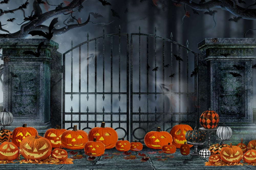 Fox Halloween Iron Gate Pumpkin Lantern Vinyl Backdrop