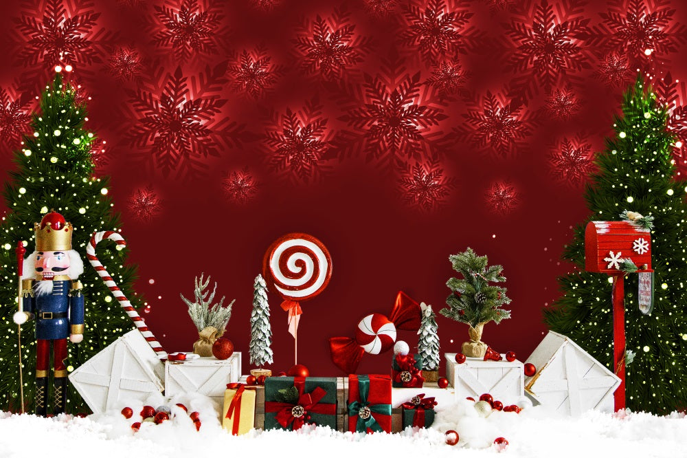 Fox Christmas Snowflake Red Photography Vinyl Backdrop