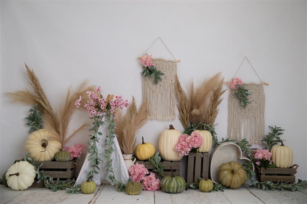 Fox Boho Autumn Pumpkin Vinyl Backdrop Designed by Blanca Perez