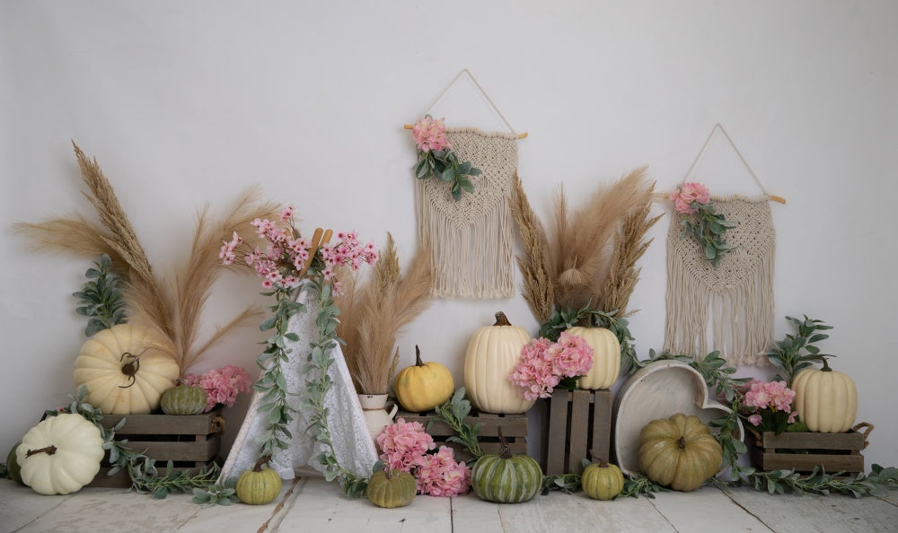 Fox Boho Autumn Pumpkin Vinyl Backdrop Designed by Blanca Perez