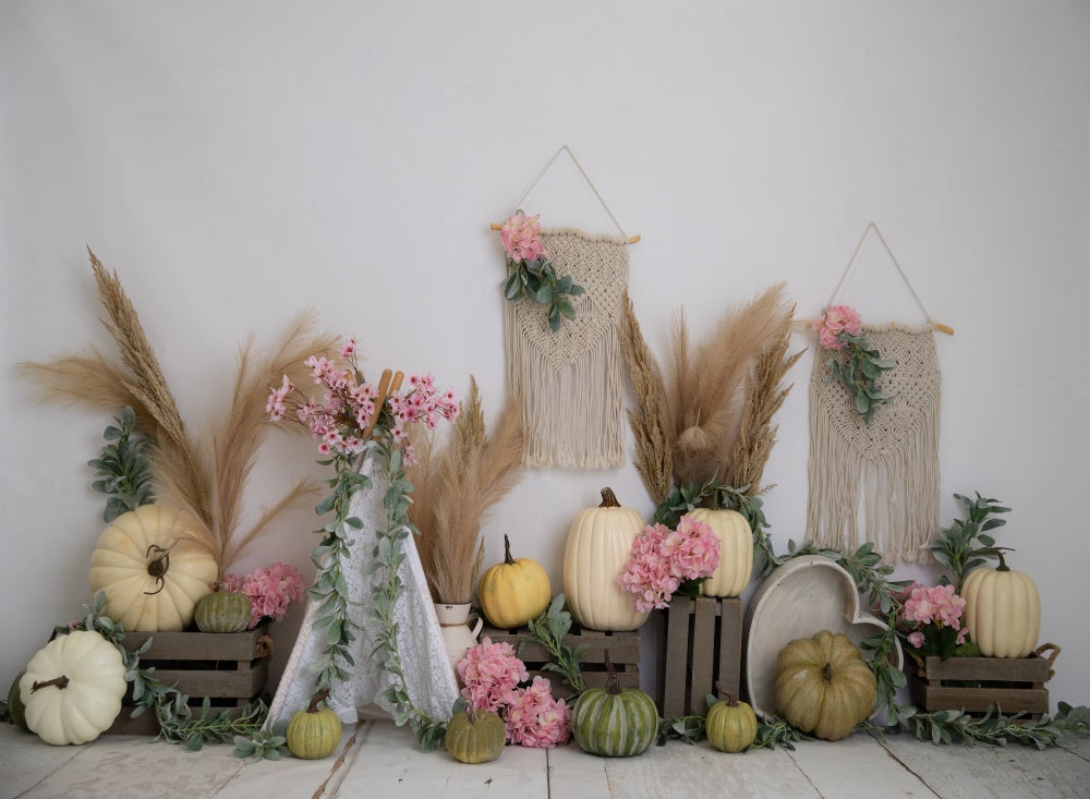 Fox Boho Autumn Pumpkin Vinyl Backdrop Designed by Blanca Perez