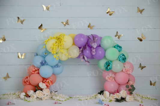 Fox Macaron Balloon Arch Birthday Vinyl Backdrop Designed by Blanca Perez