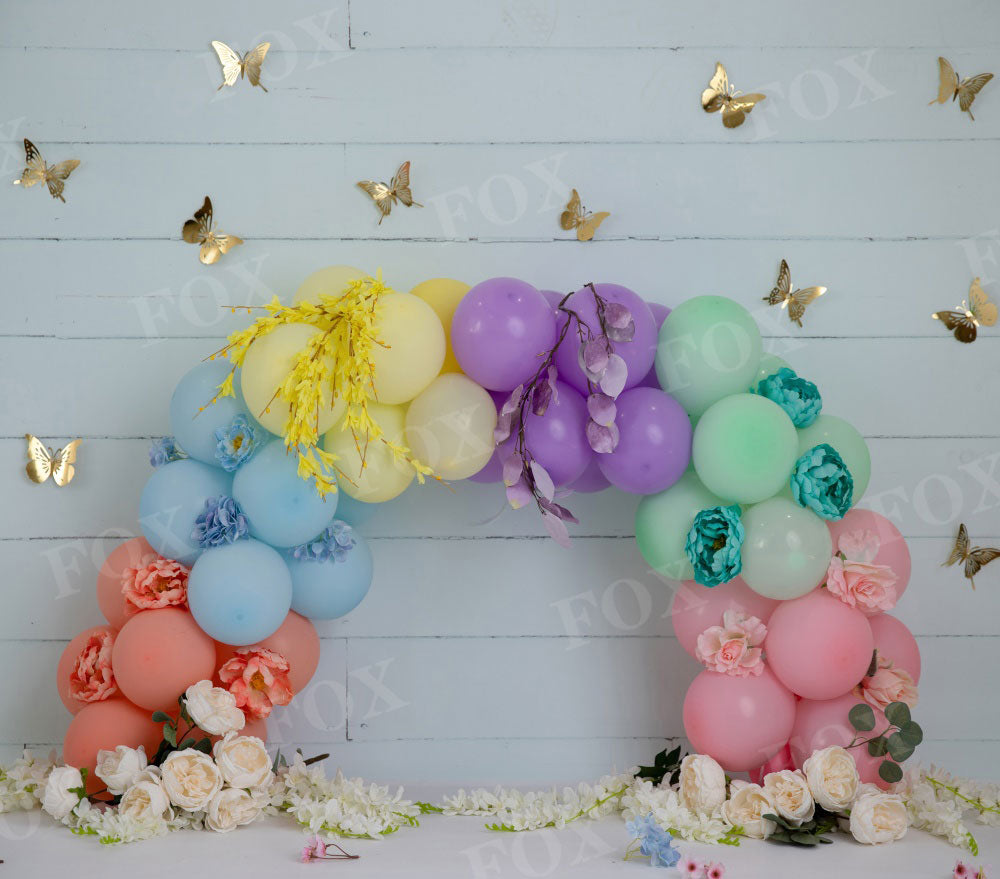 Fox Macaron Balloon Arch Birthday Vinyl Backdrop Designed by Blanca Perez
