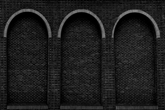 Fox Dark Gray Brick Factory Wall with Three Round Sealed Windows Vinyl Backdrop