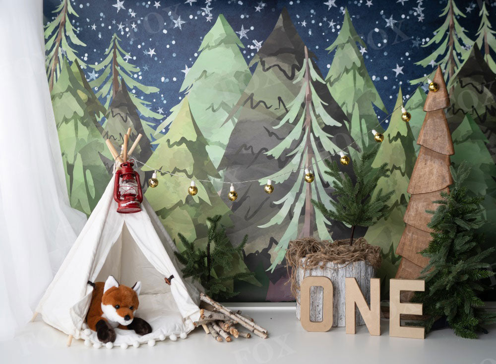 Fox Camping Bday Birthday Cakesmash Vinyl/Fabric Backdrop Design by Kali
