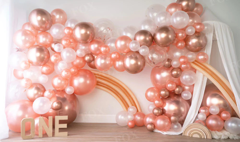 RTS Fox Pink Balloons Birthday Cakesmash Fabric Backdrop Design by Kali