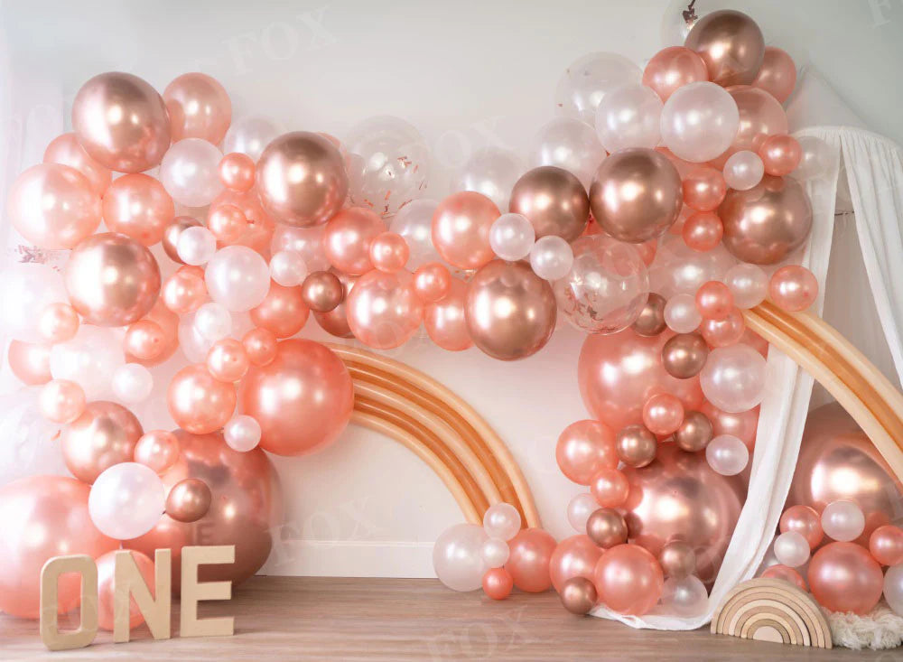 RTS Fox Pink Balloons Birthday Cakesmash Fabric Backdrop Design by Kali