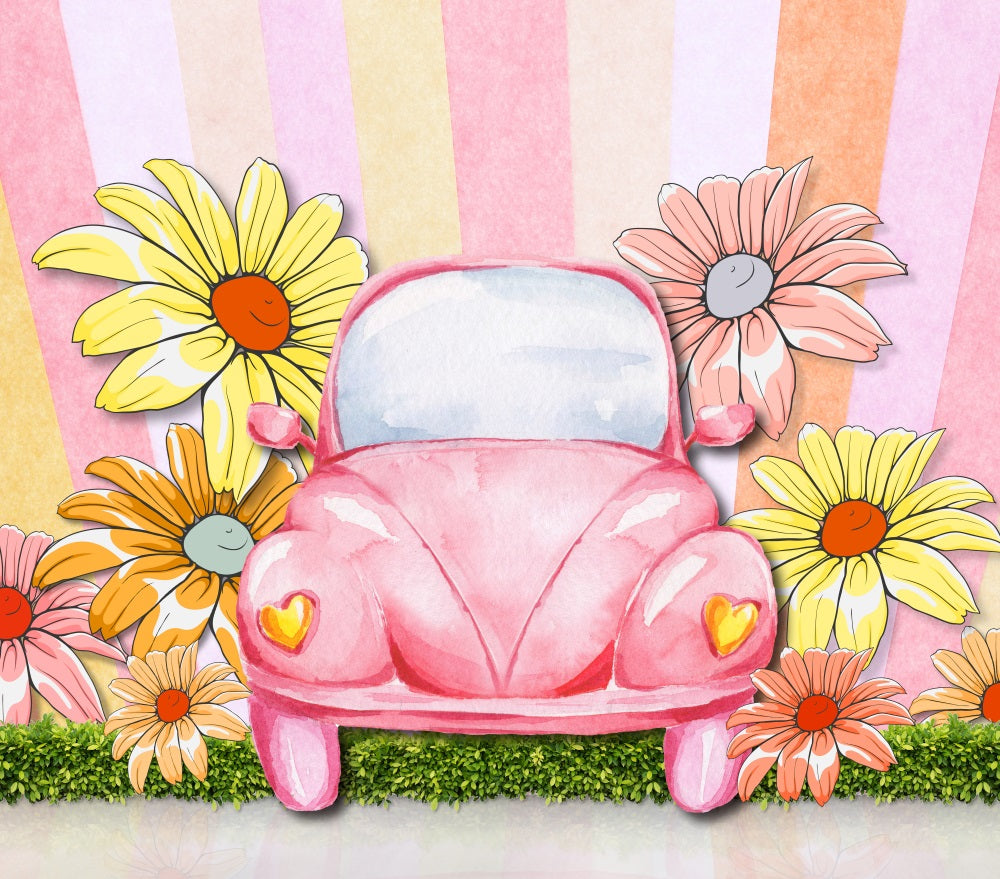Fox Summer Car Cartoon Sunflower Vinyl Backdrop Designed by JT photography
