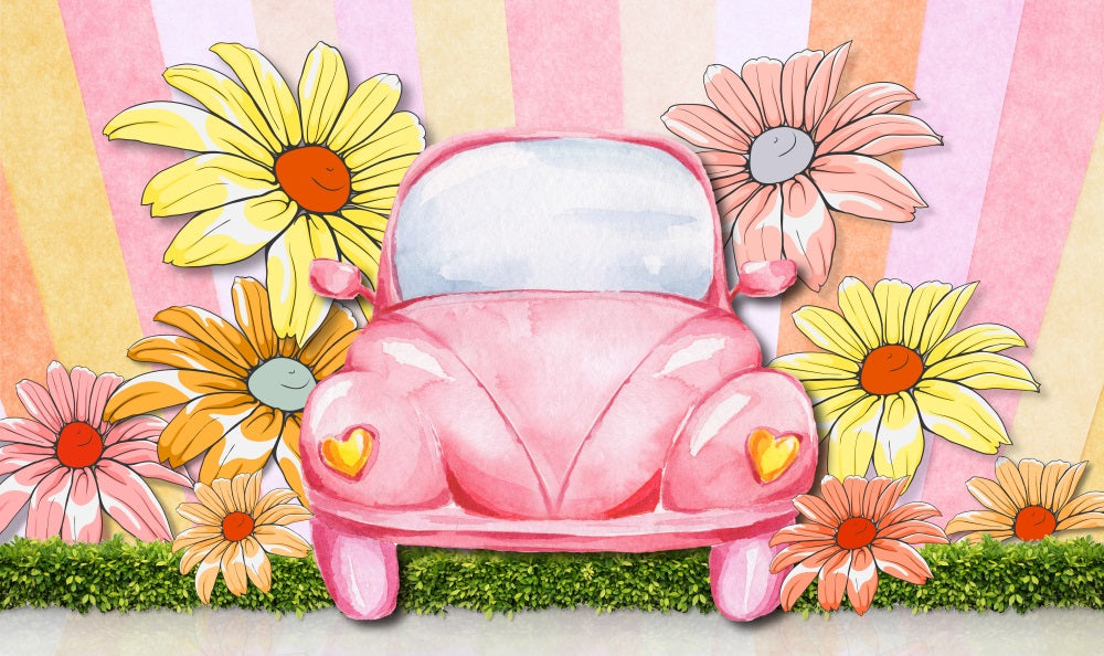 Fox Summer Car Cartoon Sunflower Vinyl Backdrop Designed by JT photography