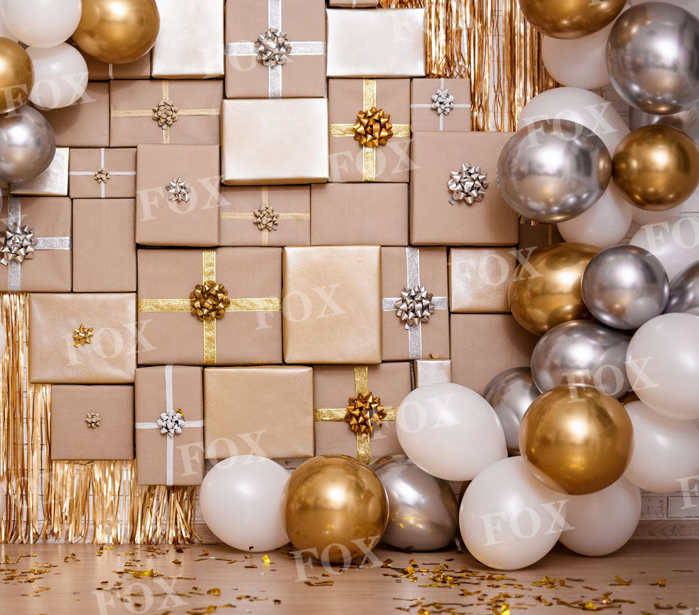 Fox Balloon Birthday Vinyl Backdrop with Wall Decoration in Golden and Silver Color