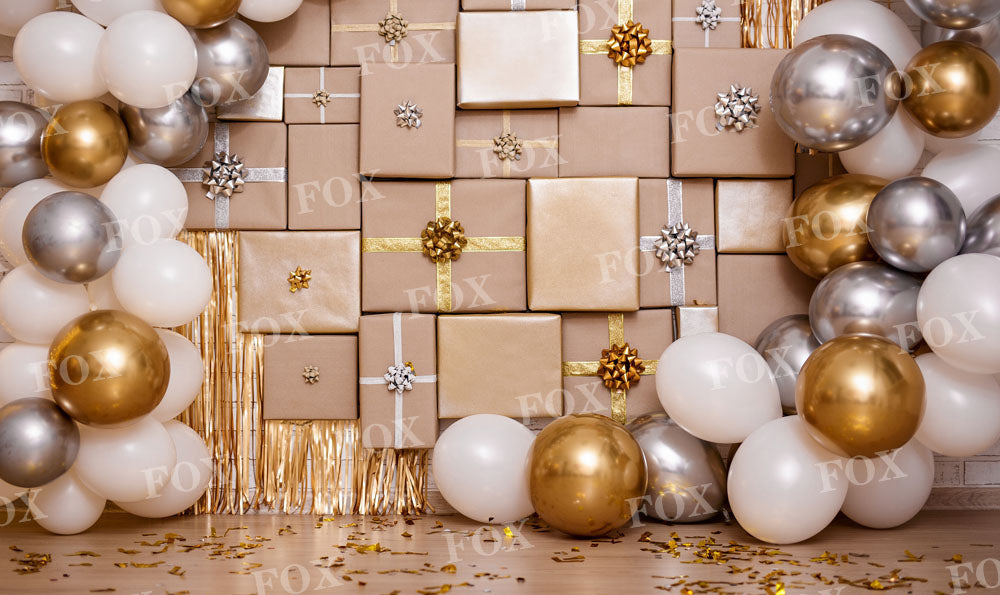 Fox Balloon Birthday Vinyl Backdrop with Wall Decoration in Golden and Silver Color