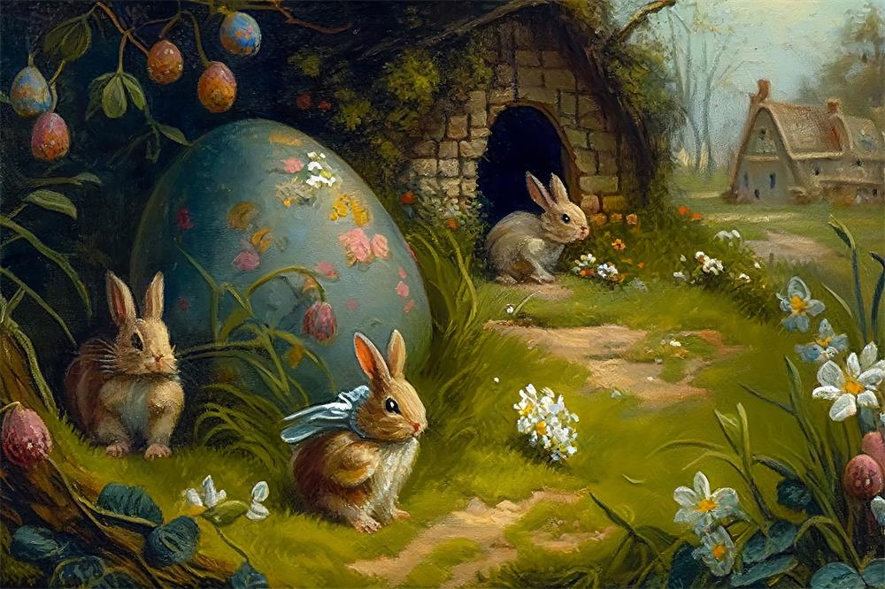 Fox Easter Bunnies House Vinyl/Fabric Backdrop Designed by Blanca Perez