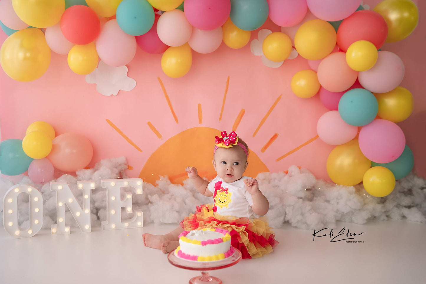 Fox Girls One Year Birthday Pink Yellow Balloons Vinyl Backdrop Design by Kali - Foxbackdrop
