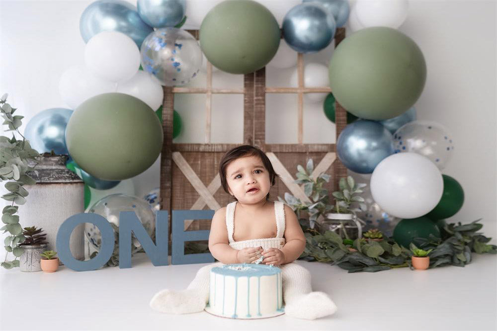 Fox Boy Cake Smash Balloons Thick Vinyl Backdrop Design by Kali - Foxbackdrop