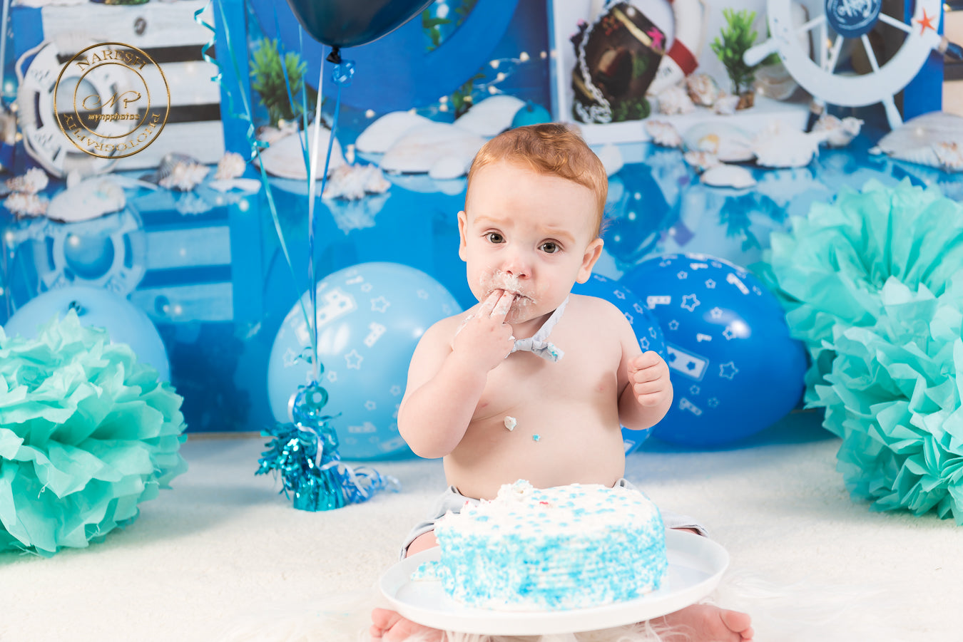 Fox Summer Voyage Blue Vinyl Backdrop for Boy One Year Birthday Designed by Maria Gabriela - Foxbackdrop