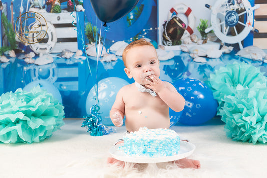 Fox Summer Voyage Blue Vinyl Backdrop for Boy One Year Birthday Designed by Maria Gabriela - Foxbackdrop