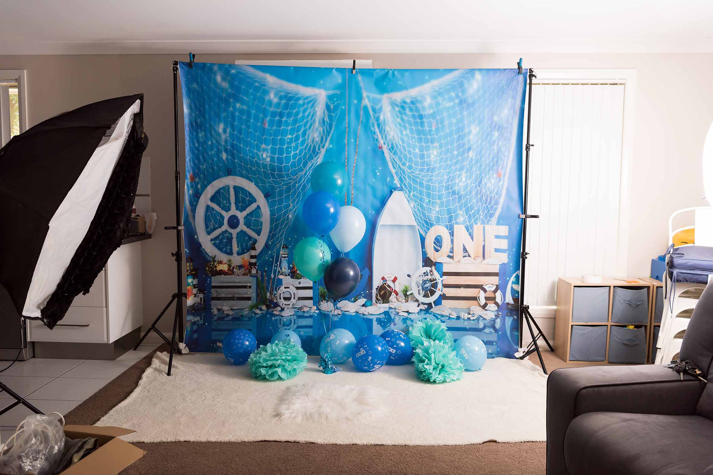 Fox Summer Voyage Blue Vinyl Backdrop for Boy One Year Birthday Designed by Maria Gabriela - Foxbackdrop