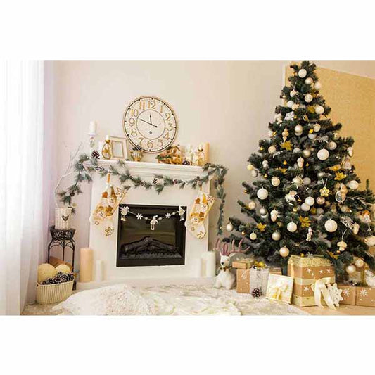 Fox Rolled Golden Christmas Fireplace Vinyl Backdrops - Foxbackdrop