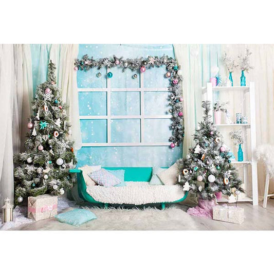 Fox Rolled Christmas Trees Sofa Vinyl Photo Backdrop - Foxbackdrop