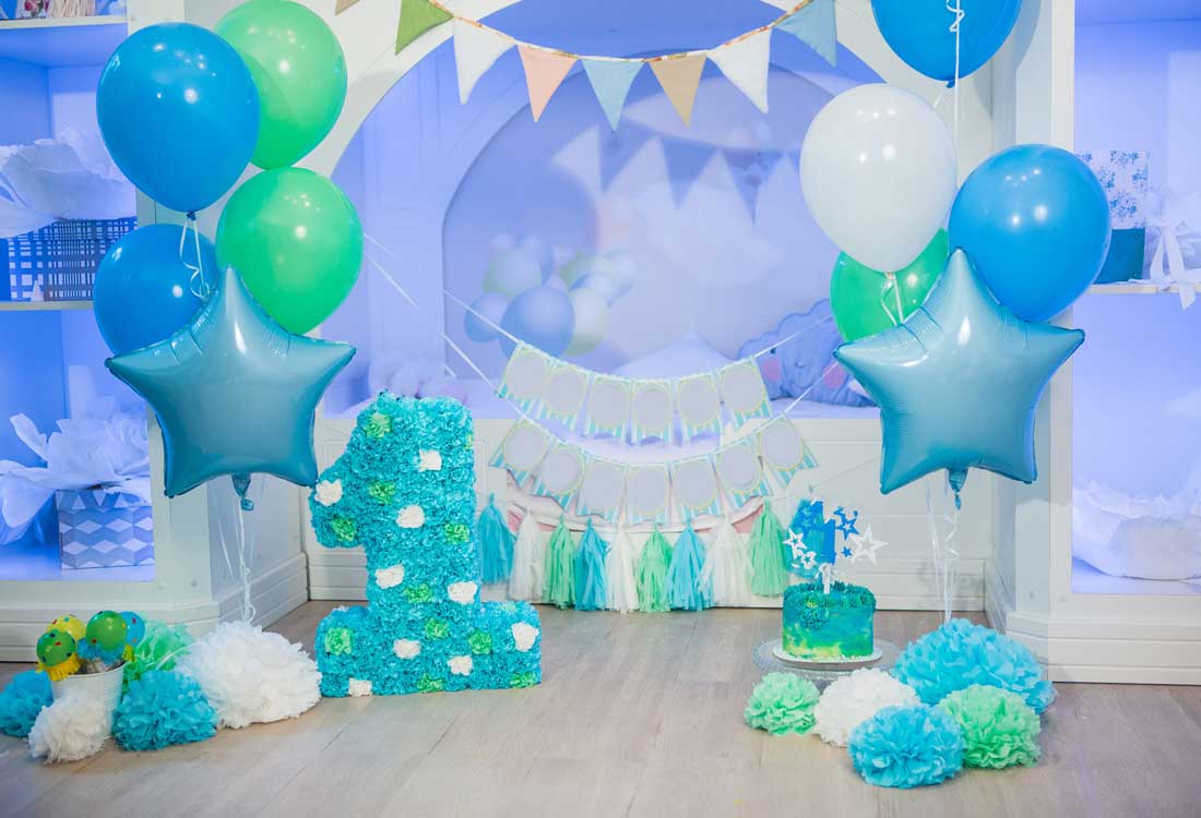 Fox Rolled Blue Balloons Cake Smash Vinyl Photography Backdrop - Foxbackdrop
