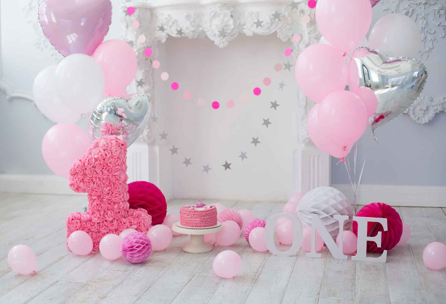 Fox Rolled Pink Balloons Girl Birthday Cake Smash Vinyl Backdrop - Foxbackdrop