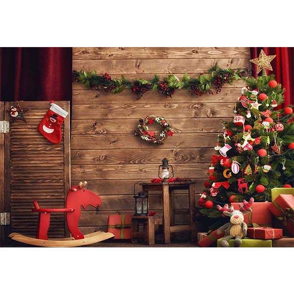 Fox Rolled Rustic Wood Christmas Vinyl Photo Backdrop - Foxbackdrop