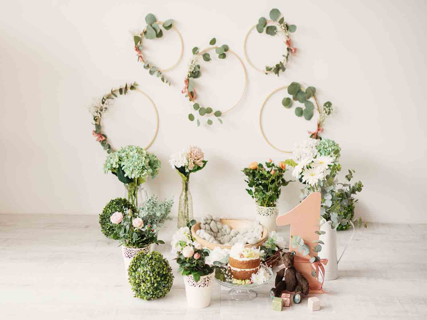 Fox Rolled Flowers Circles Children Birthday Vinyl Backdrop - Foxbackdrop