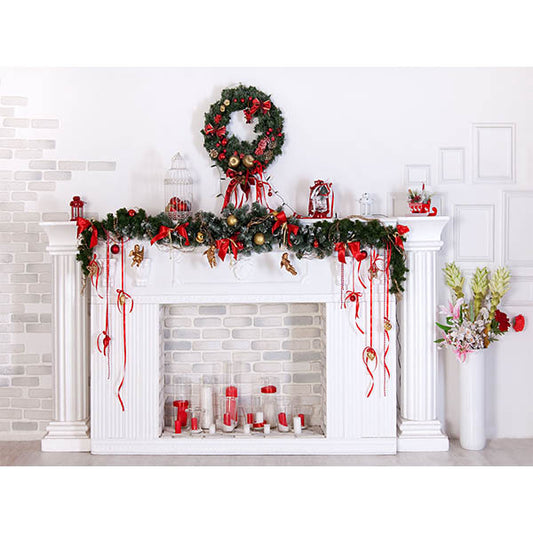 Fox Christmas Fireplace Vinyl Photography Backdrop - Foxbackdrop