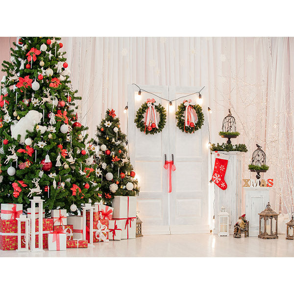 Fox Christmas Trees Lights Gift Vinyl Photo Backdrop - Foxbackdrop